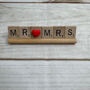Mr / Mrs Wooden Scrabble Tile Decor with Red Heart